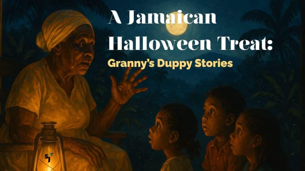 Jamaican grandmother telling duppy stories to children on the verandah under a full moon