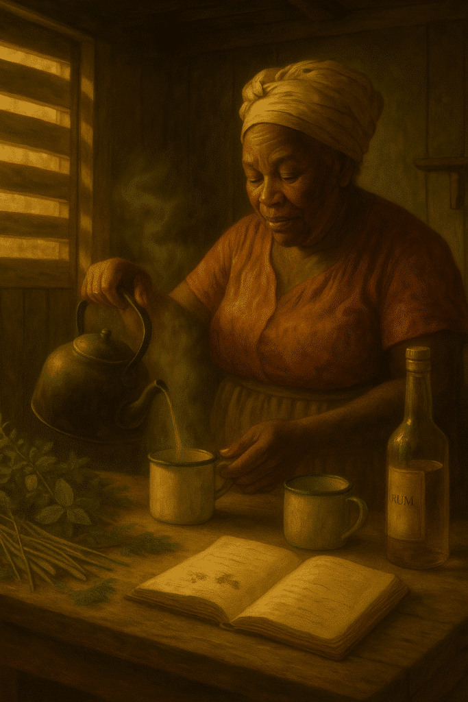 Elderly Jamaican grandmother in a rustic wooden kitchen pouring hot water from a black kettle into enamel mugs beside fresh herbs, a bottle of white rum, and an open handwritten recipe book. The warm golden light evokes traditional bush tea remedies and Jamaican home healing culture.
