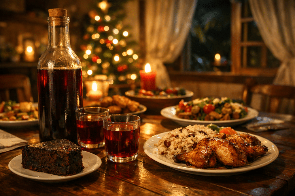Jamaican Christmas dinner table with sorrel drink, rum cake, rice and peas, and roast chicken in a warm festive setting