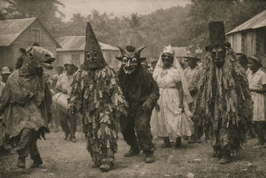 Jonkonnu Christmas procession in Jamaica with traditional masked characters and costumes