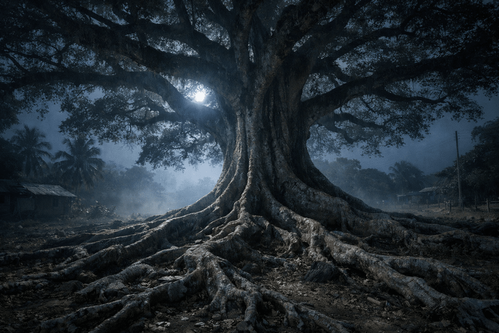 Ancient cotton tree roots at night in Jamaica — where Jamaican superstitions say duppies gather after dark