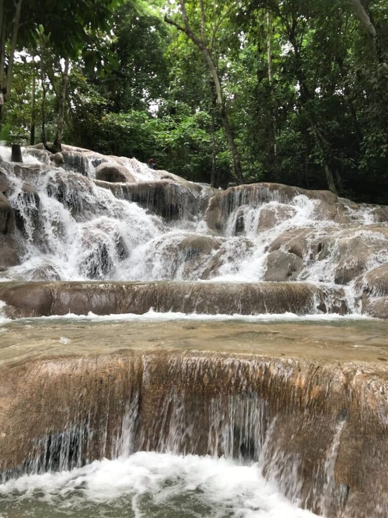Close view of the limestone terraces of Dunn’s River Falls in Jamaica.