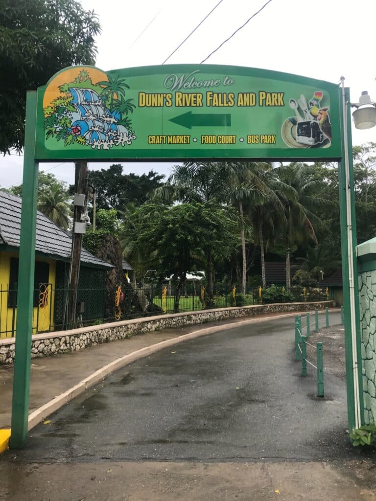 Entrance sign for Dunn’s River Falls and Park in Ocho Rios Jamaica.
