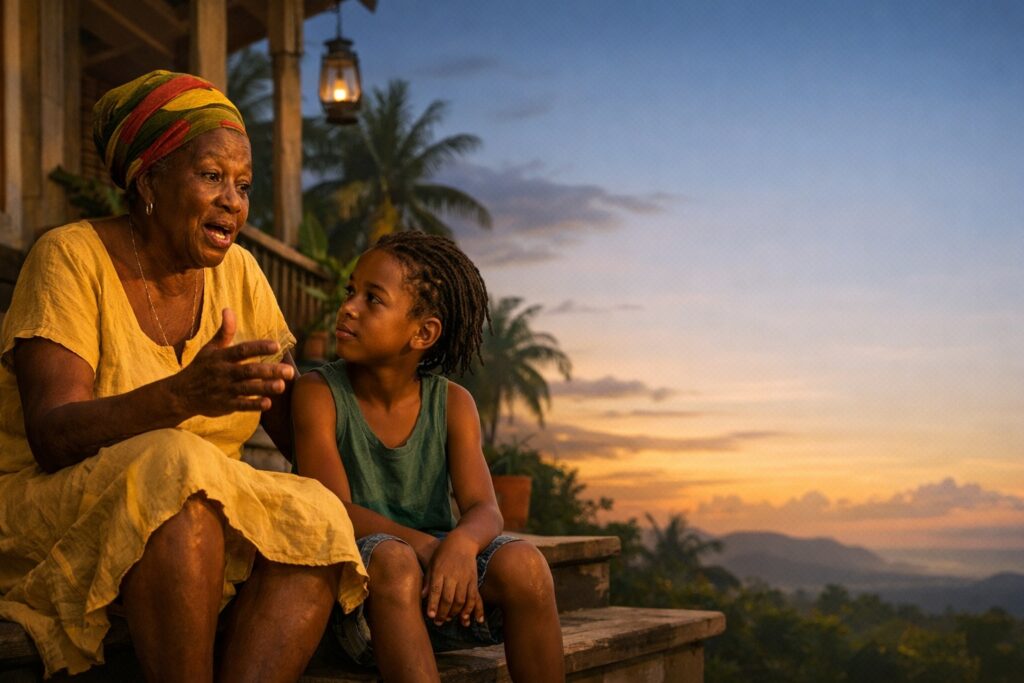 Jamaican grandmother sharing wisdom and life lessons with a child on a veranda at sunset
