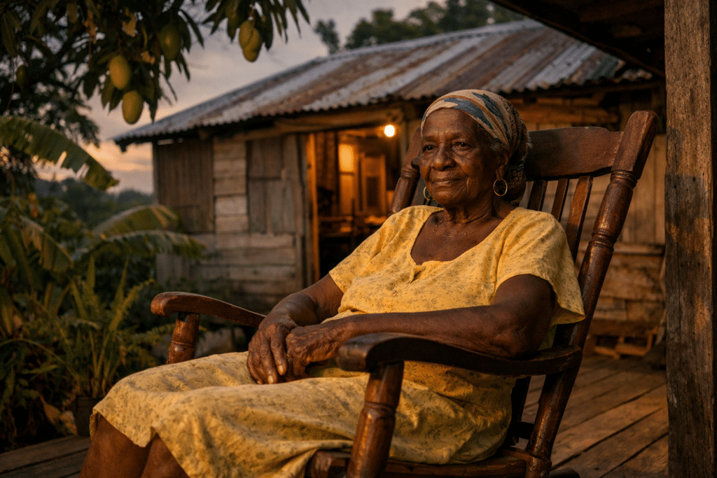 Elderly Jamaican woman on a verandah at dusk — the keeper of Jamaican superstitions and folklore passed down through generations