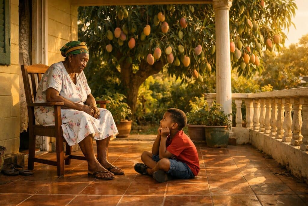Jamaican grandmother telling stories and proverbs to a child under a mango tree