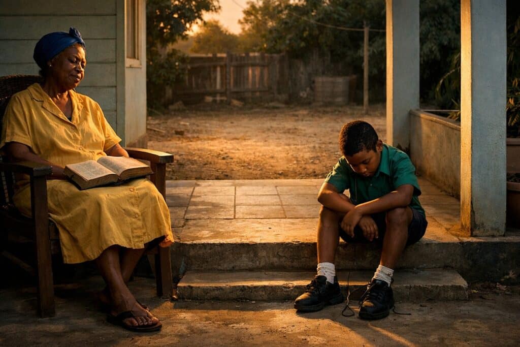 Jamaican grandmother reading while a young boy reflects during a quiet teaching moment