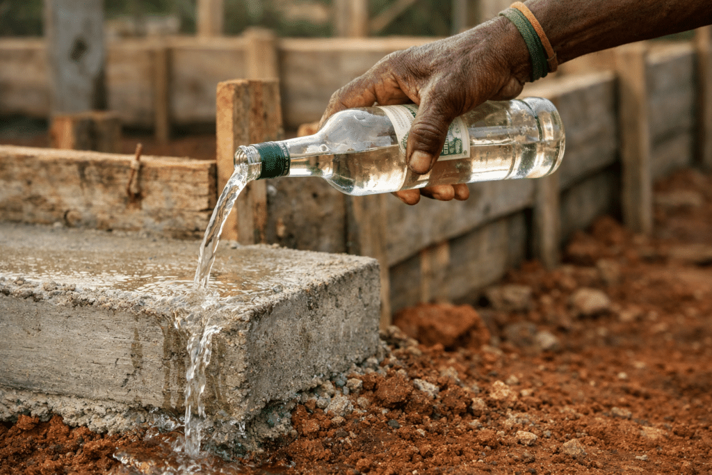 A hand pouring white rum on a building foundation in Jamaica — one of the oldest Jamaican superstitions in construction and blessing rituals