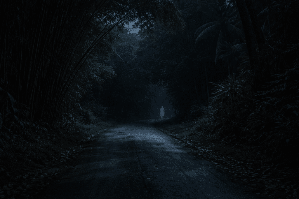 Dark Jamaican country road at night with a distant figure in white — the woman in white is one of the most feared Jamaican superstitions in rural folklore
