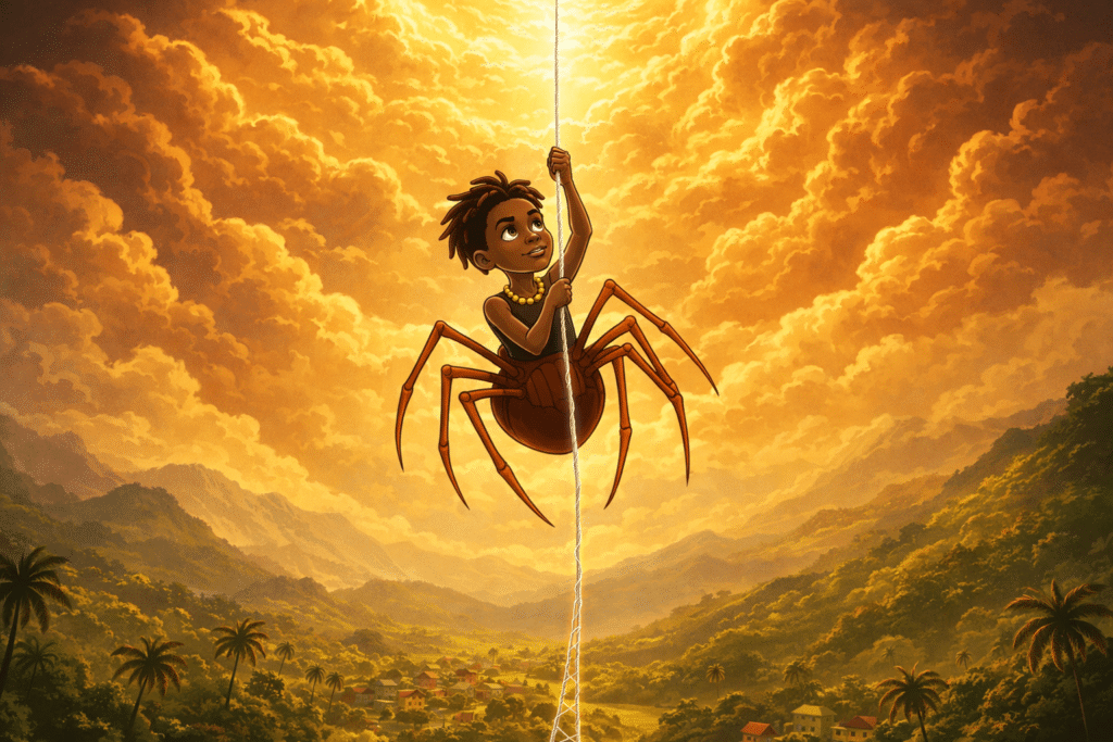 Anansi climbing a silver web thread to the Sky God Nyame — how Anansi got his stories Jamaican folklore illustration