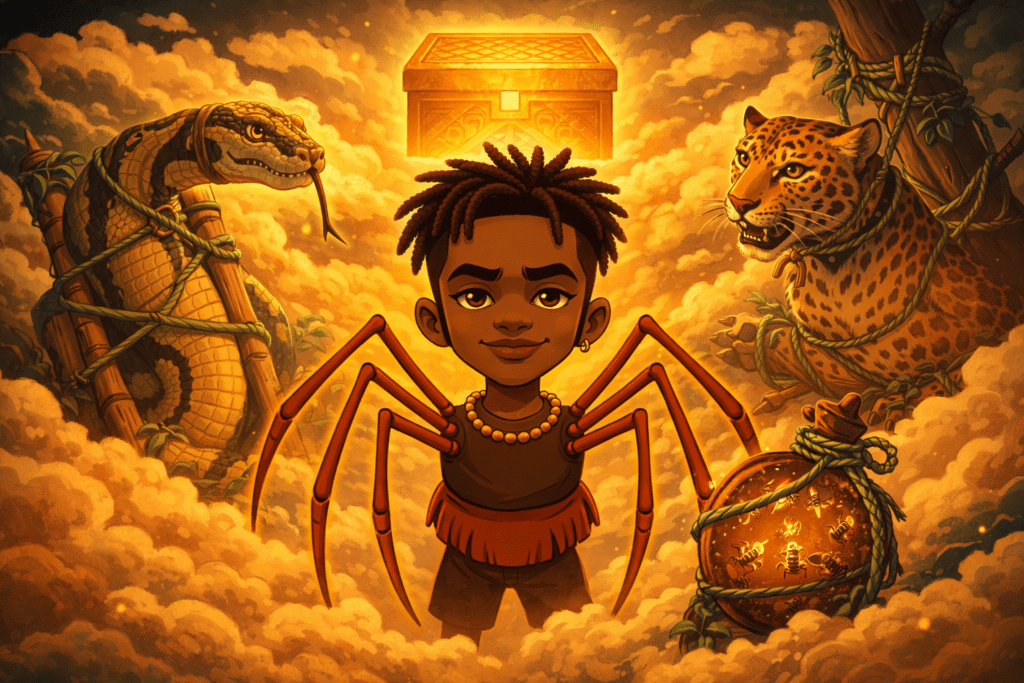Anansi standing before Nyame's golden box with python leopard and hornets captured — Jamaican folklore illustration