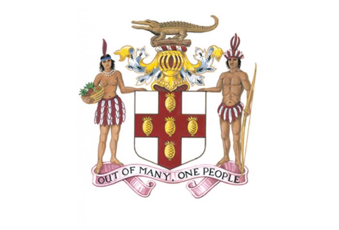 Jamaica Coat of Arms, one of the official Jamaica national symbols, featuring the crocodile, Taíno figures, pineapple shield, and the motto "Out of Many, One People."