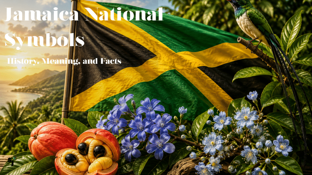 Jamaica national symbols including the national flag, Doctor Bird, Blue Mahoe, Lignum Vitae, ackee