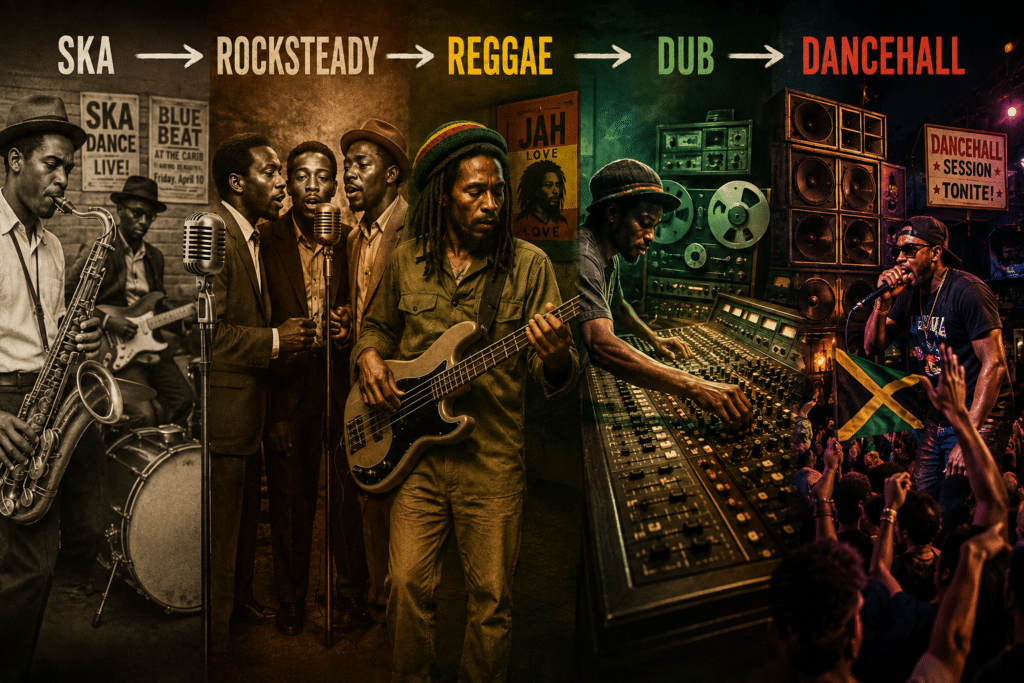 Evolution of Jamaican music history from ska and rocksteady to reggae, dub and dancehall