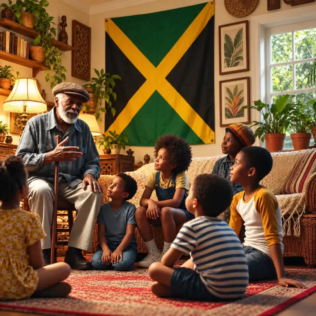 Jamaican grandfather telling children the stories of the national heroes on National Heroes Day Jamaica
