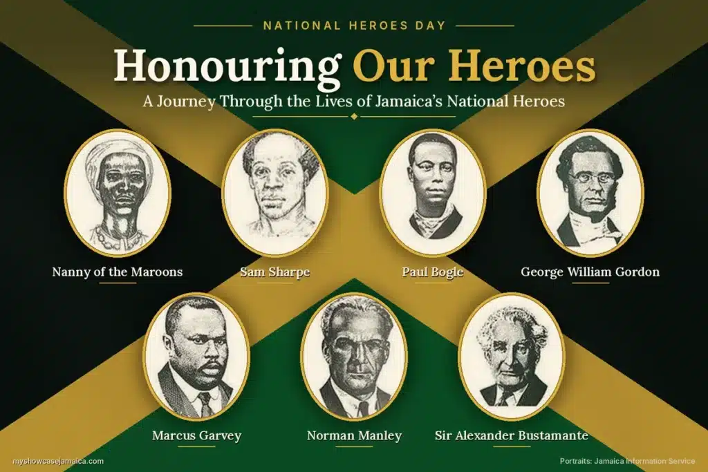 Portraits of Jamaica's seven National Heroes: Nanny of the Maroons, Sam Sharpe, Paul Bogle, George William Gordon, Marcus Garvey, Norman Manley and Sir Alexander Bustamante