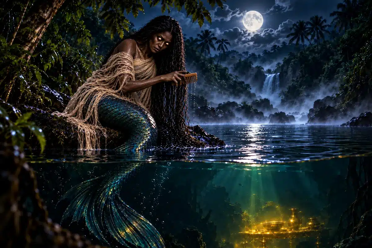 Illustration of River Mumma from Jamaican folklore combing her hair on a river rock, with a golden table under the water