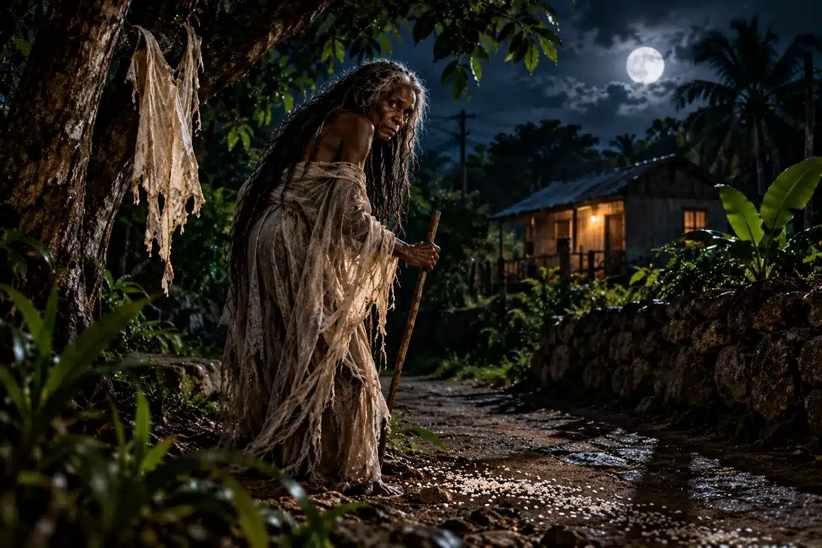 Illustration of Ol' Higue from Jamaican folklore, an old woman with her shed skin hanging in a tree and rice scattered on the ground