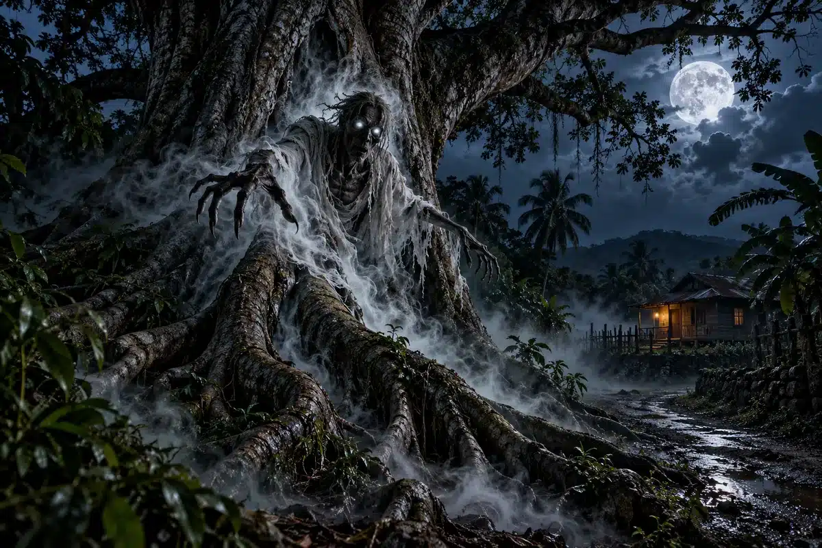 Illustration of a duppy rising from the roots of a silk-cotton tree at night in rural Jamaica