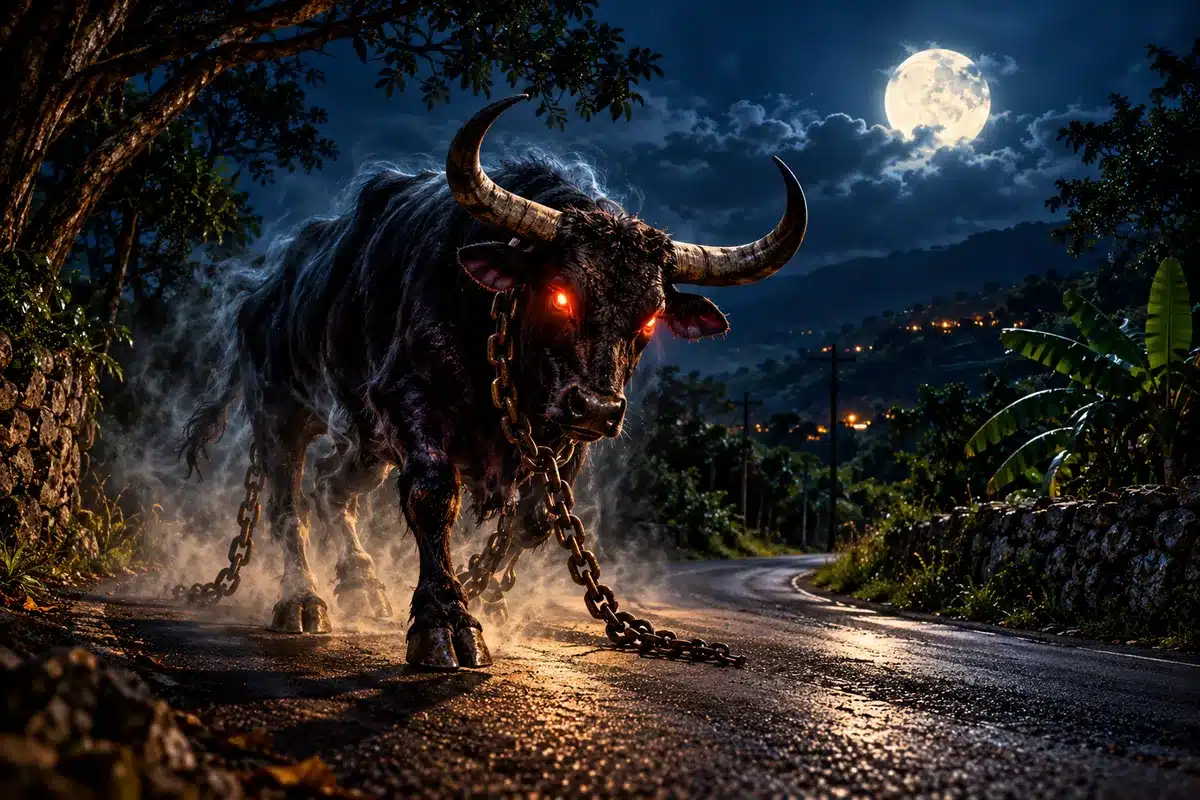 Illustration of the Rolling Calf from Jamaican folklore, a fiery-eyed creature dragging a chain along a country road at night