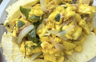 ackee and saltfish served with breadfruit Jamaica