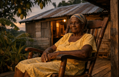 Elderly Jamaican woman on a verandah at dusk — the keeper of Jamaican superstitions and folklore passed down through generations