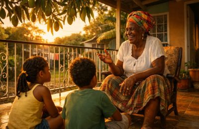 Jamaican grandmother sharing stories and proverbs with children on a veranda at sunset